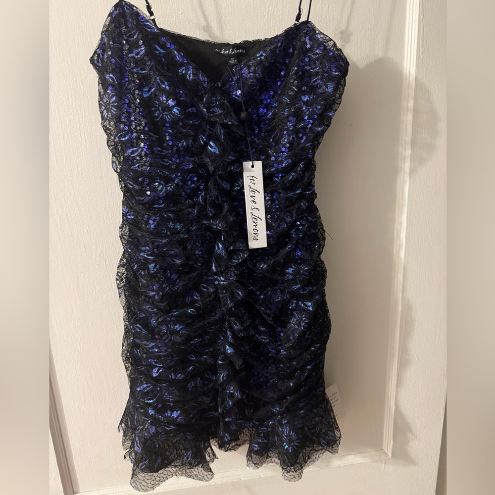 NWT For Love and Lemons Blue Rodin Iridescent Lace Mini Dress Size Medium - Picture 2 of 3